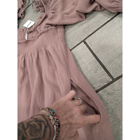 Free People Mauve Smocked Square Neck Puff Sleeve Mini Dress Size L - Picture 9 of 10